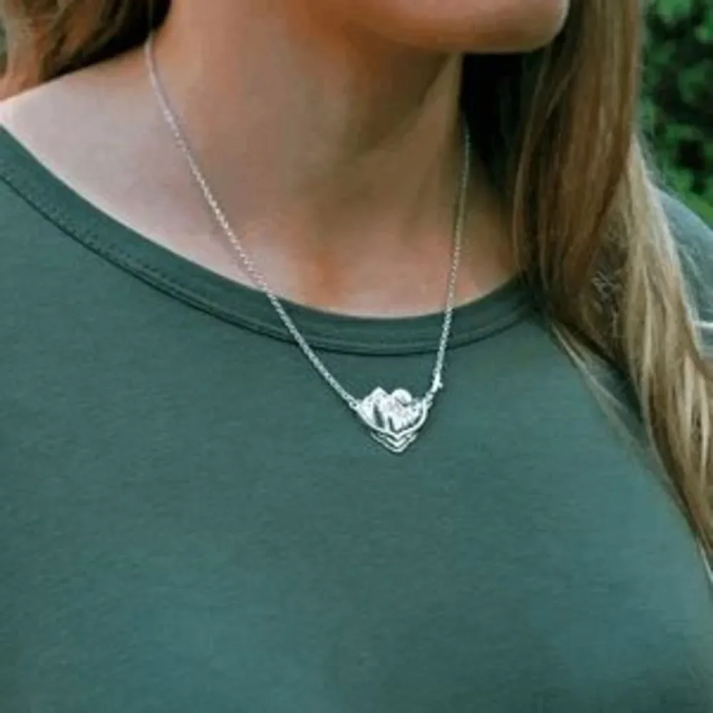 Silver Mountain Valley Pines Moon Sunset Boho Landscape Scalloped Necklace